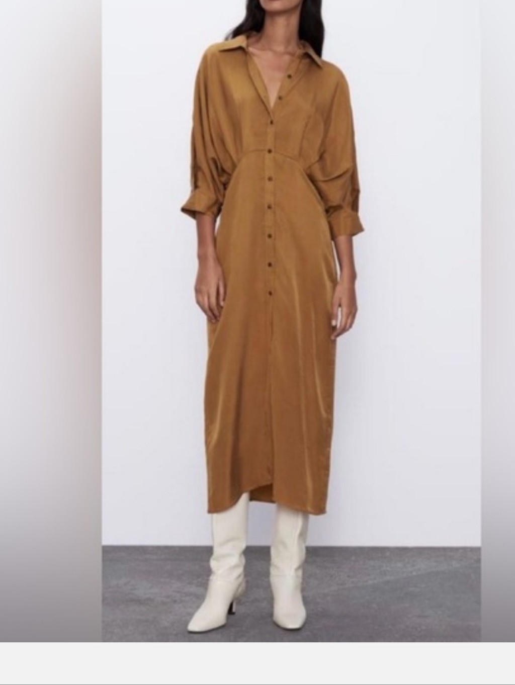 Zara Camel Button-Front Midi/Maxi Blouson Shirt Dress Xxl